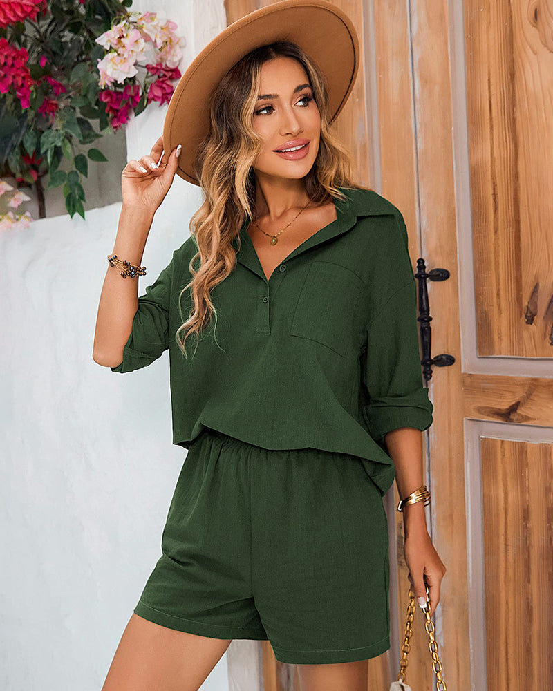 Womens 2 Piece Outfits Lounge Sets Cotton Linen Long Sleeve V-Neck Shirt and Mini Shorts With Pockets - Zeagoo (Us Only)