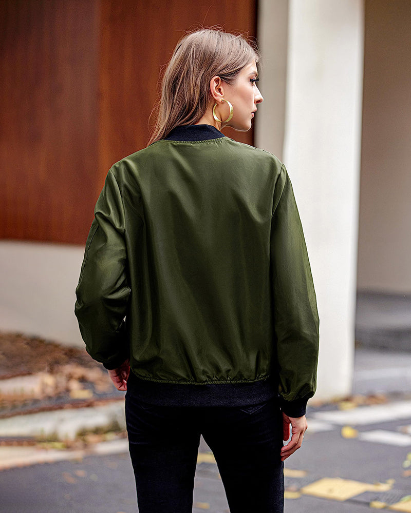 Women Classic Solid Biker Jacket Zip Up Bomber Jacket - Zeagoo (Us Only)