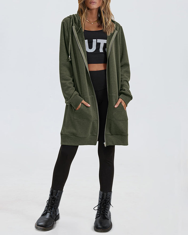 Women Zip Up Hoodies Long Fleece Jacket Lightweight Tunic Hooded Sweatshirt Oversize Winter Coat With Pockets - Zeagoo (Us Only)