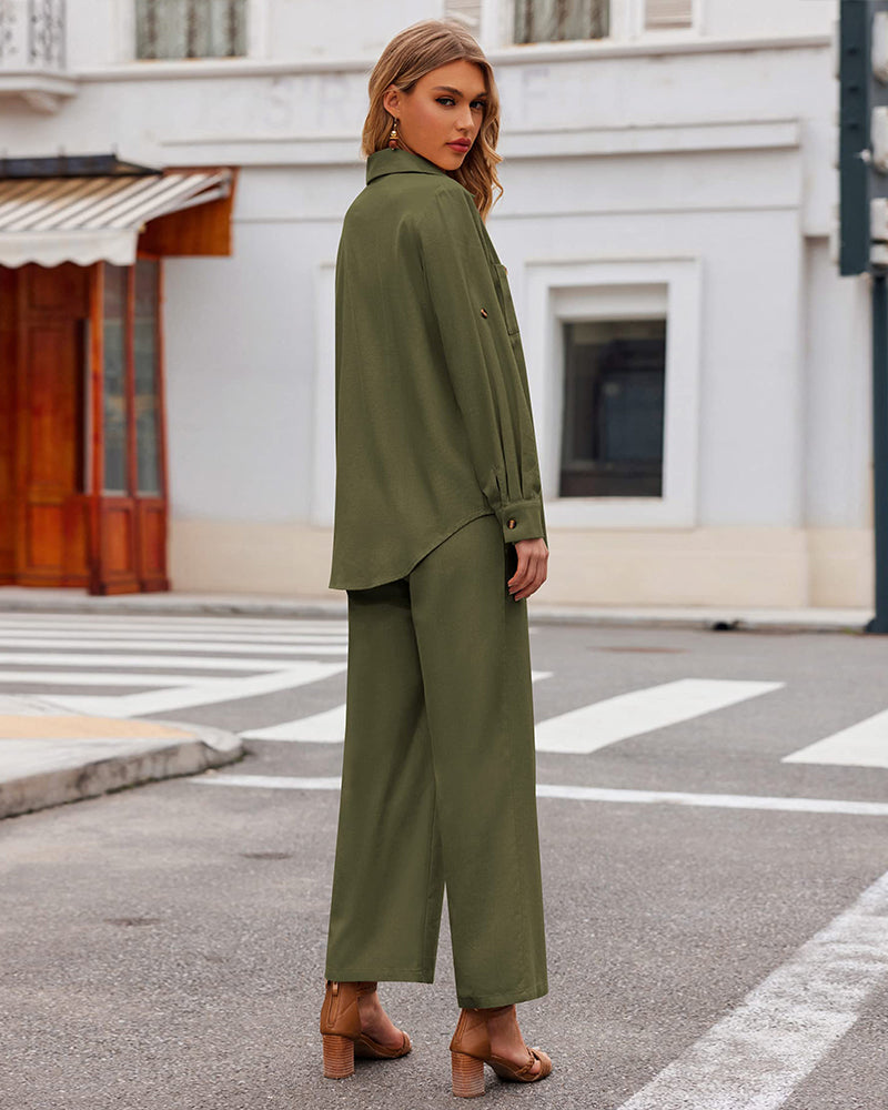 Zeagoo Women 2 Piece Linen Sets Button Down Shirt and Drawstring Long Pants Set Summer Outfits (US Only)