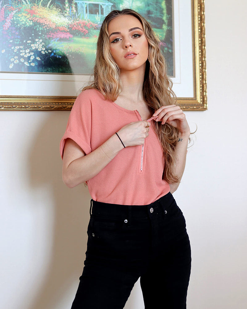 Women's Casual Rolled Short Sleeve Tops Half Zip Shirts Loose Waffle Knit T Shirts Blouse - Zeagoo (Us Only)