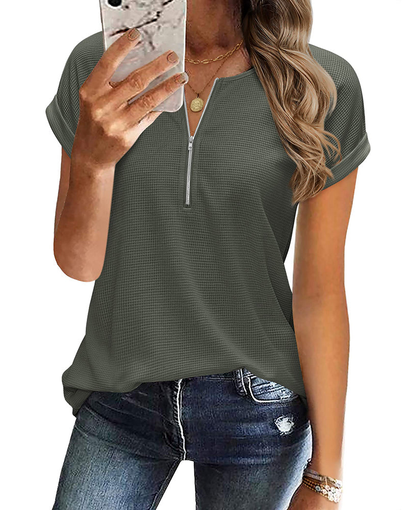 Women's Casual Rolled Short Sleeve Tops Half Zip Shirts Loose Waffle Knit T Shirts Blouse - Zeagoo (Us Only)