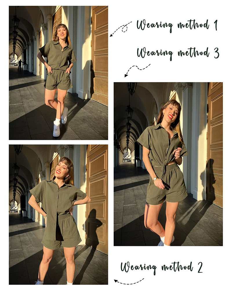 Women's 2 Piece Casual Tracksuit Outfit Sets Cotton Linen Short Sleeve Button Down Shirt and Loose Casual Shorts Set - Zeagoo (Us Only)