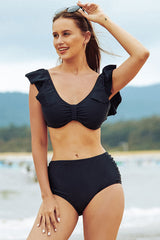 Black Elegant High Waisted Ruffle Hem Ruched Bikini