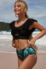 Black Natural Print Pretty Falbala Ruffle Bikini