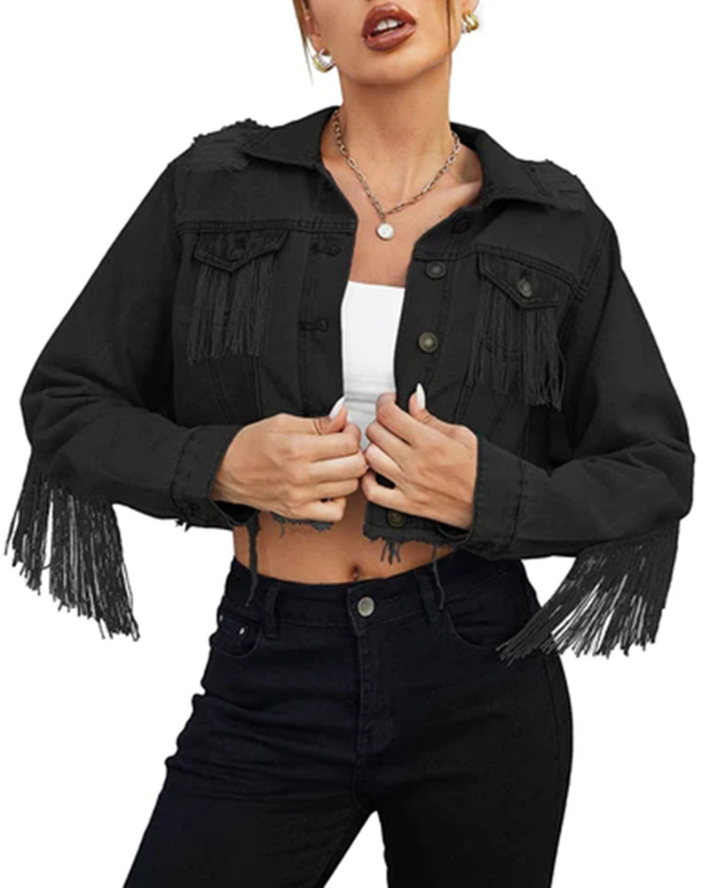 Women's Raw Hem Ripped Fringe Long Sleeve Crop Denim Jacket - Zeagoo (Us Only)