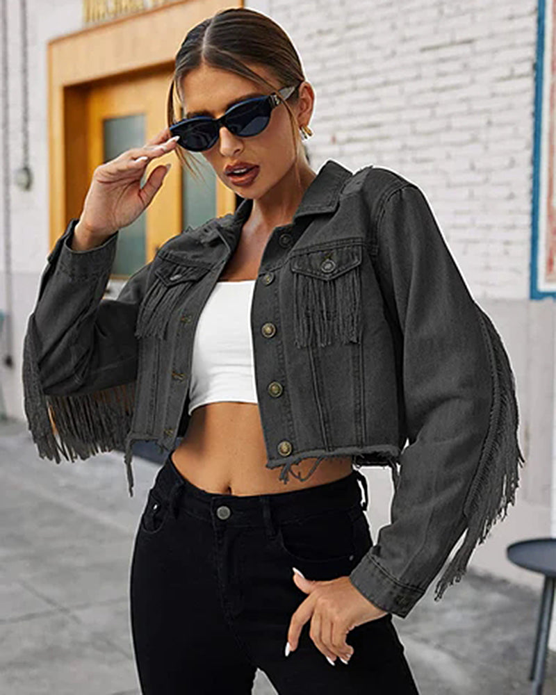 Women's Raw Hem Ripped Fringe Long Sleeve Crop Denim Jacket - Zeagoo (Us Only)