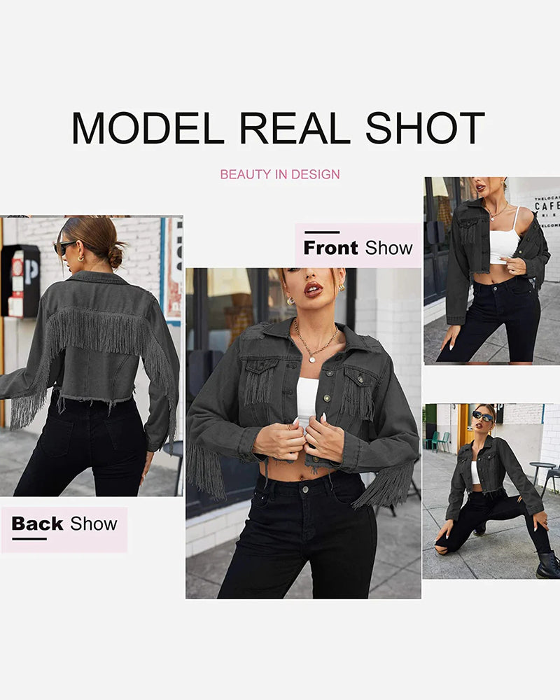 Women's Raw Hem Ripped Fringe Long Sleeve Crop Denim Jacket - Zeagoo (Us Only)