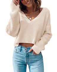 Zeagoo Women Long Sleeve Tops Waffle Knit Shirts Fashion Cropped Top Casual V Neck T Shirts