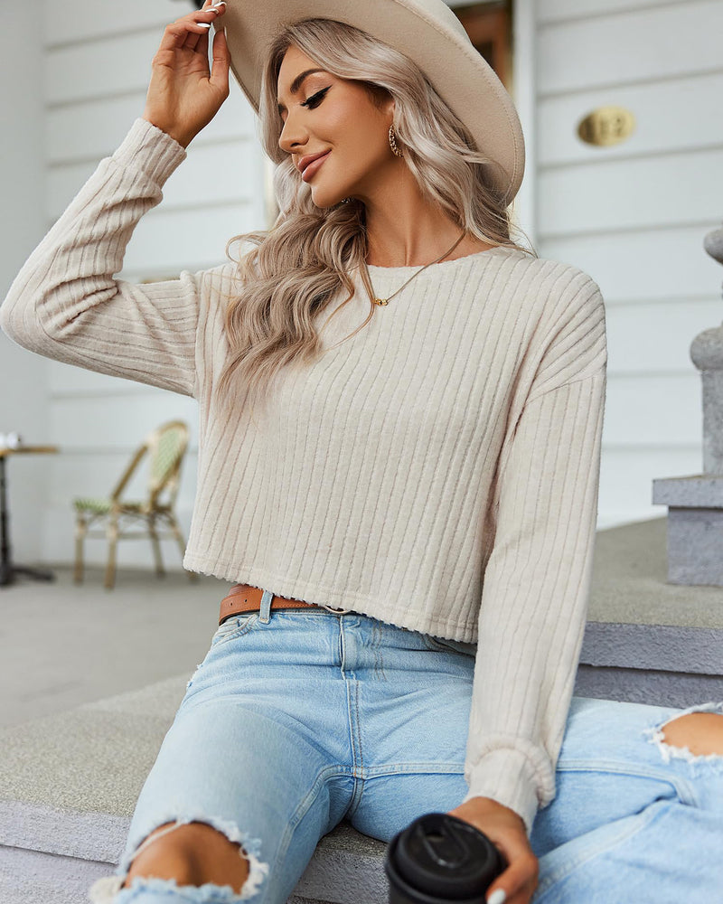 Zeagoo Long Sleeve Crop Tops for Women Trendy Loose Ribbed Knit Cropped T-Shirts Round Neck Casual Pullover Sweater