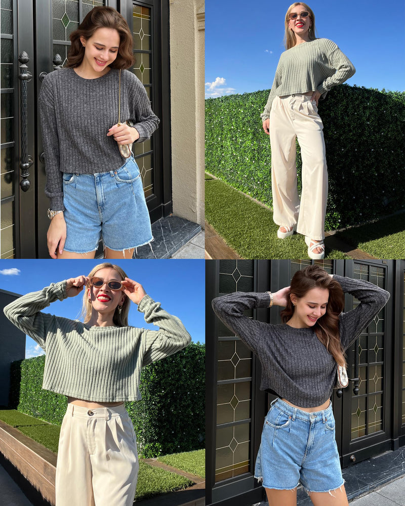 Zeagoo Long Sleeve Crop Tops for Women Trendy Loose Ribbed Knit Cropped T-Shirts Round Neck Casual Pullover Sweater