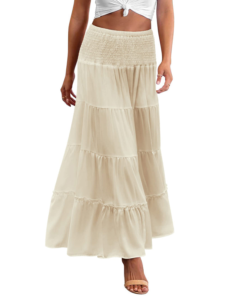 Women's Long Maxi Skirts Tiered High Waist Boho Elastic Layered A-Line Casual Midi Dress - Zeagoo (Us Only)