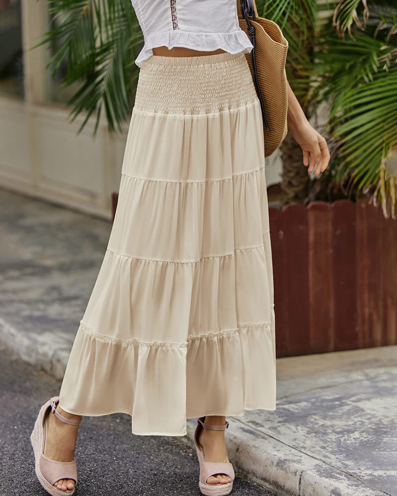 Women's Long Maxi Skirts Tiered High Waist Boho Elastic Layered A-Line Casual Midi Dress - Zeagoo (Us Only)