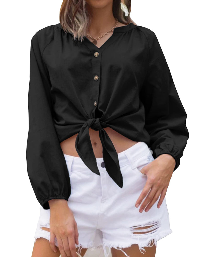 Womens Button Down V Neck Tie Knot Front Tops Cotton Long Sleeve Casual Blouse Shirts - Zeagoo (Us Only)