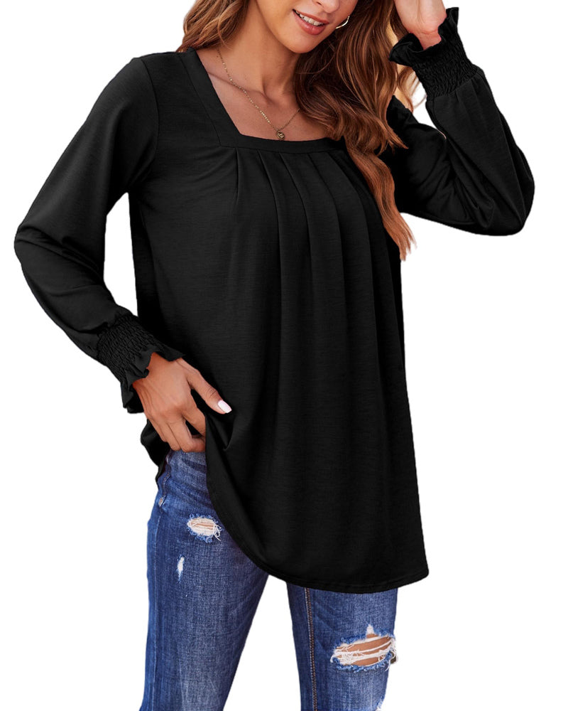 Zeagoo Long Sleeve Shirts for Women Square Neck Pleated Tunic Tops Loose Fit Fashion Blouses S-2XL