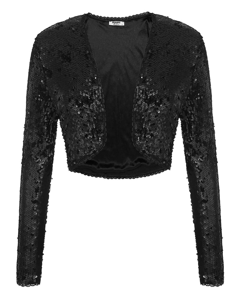 Sequin Shrug Glitter Bolero Jackets with Sparkly Blazer Long Sleeve Cropped Cardigan - Zeagoo (Us Only)