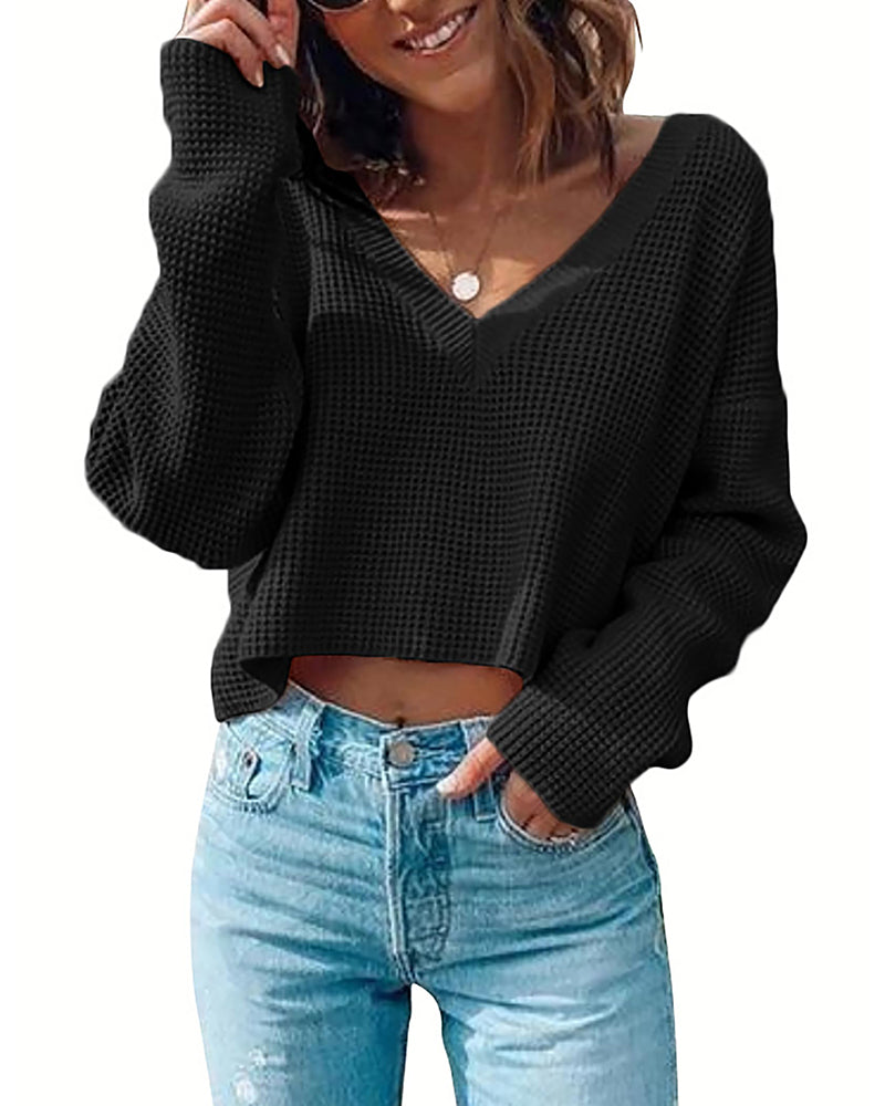 Zeagoo Women Long Sleeve Tops Waffle Knit Shirts Fashion Cropped Top Casual V Neck T Shirts