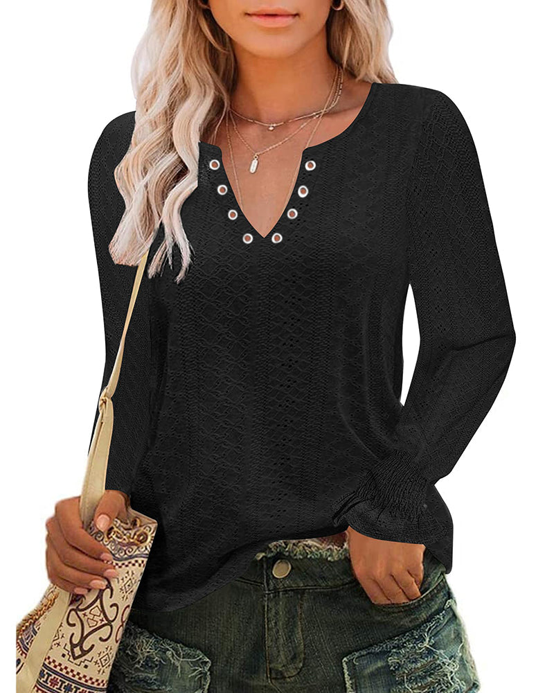 Zeagoo Women Casual V Neck T-Shirts Ruffle Long Sleeve Shirt Eyelet Loose Blouses S-XXL