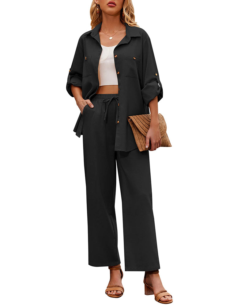 Zeagoo Women 2 Piece Linen Sets Button Down Shirt and Drawstring Long Pants Set Summer Outfits (US Only)