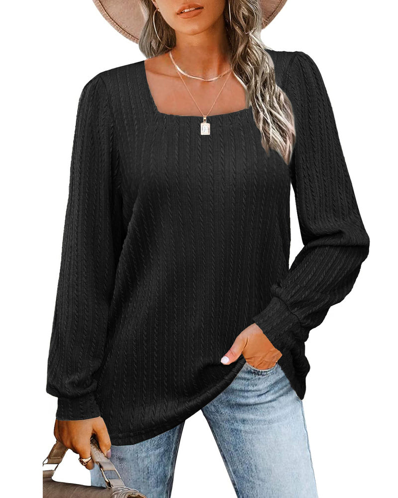 Zeagoo Tunic Tops for Women Loose Fit Dressy Square Neck Long Sleeve Shirts Rib Kint Pullover Blouses