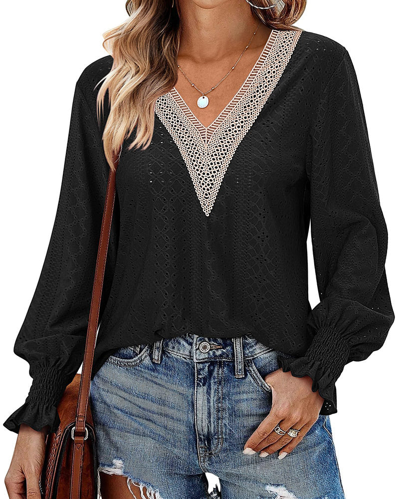 Zeagoo Casual Lace V Neck T-Shirts for Women 2023 Dressy Smocked Puff Long Sleeve Tops Eyelet Loose Tunic Blouses