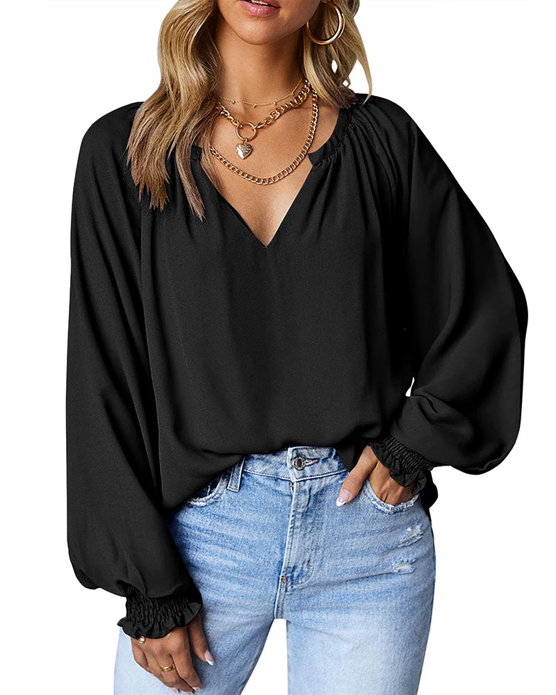 Zeagoo Blouses for Women Puff Long Sleeve Pleated V Neck Tunic Tops Ladies Work Dress Shirts