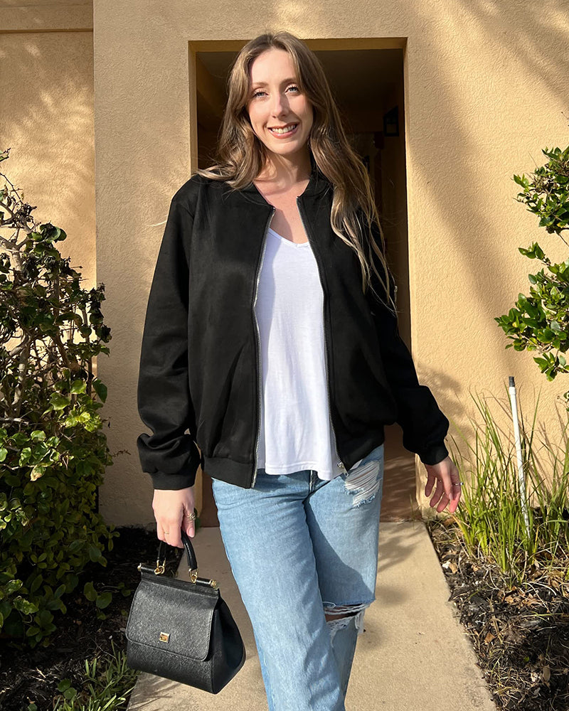 Faux Bomber Zip Up Lightweight Jacket Coat with Pockets - Zeagoo (Us Only)