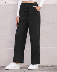 Womens Corduroy Pants Elastic Waist Drawstring Long Pants Casual Loose Straight Leg Trousers with Pockets - Zeagoo (Us Only)