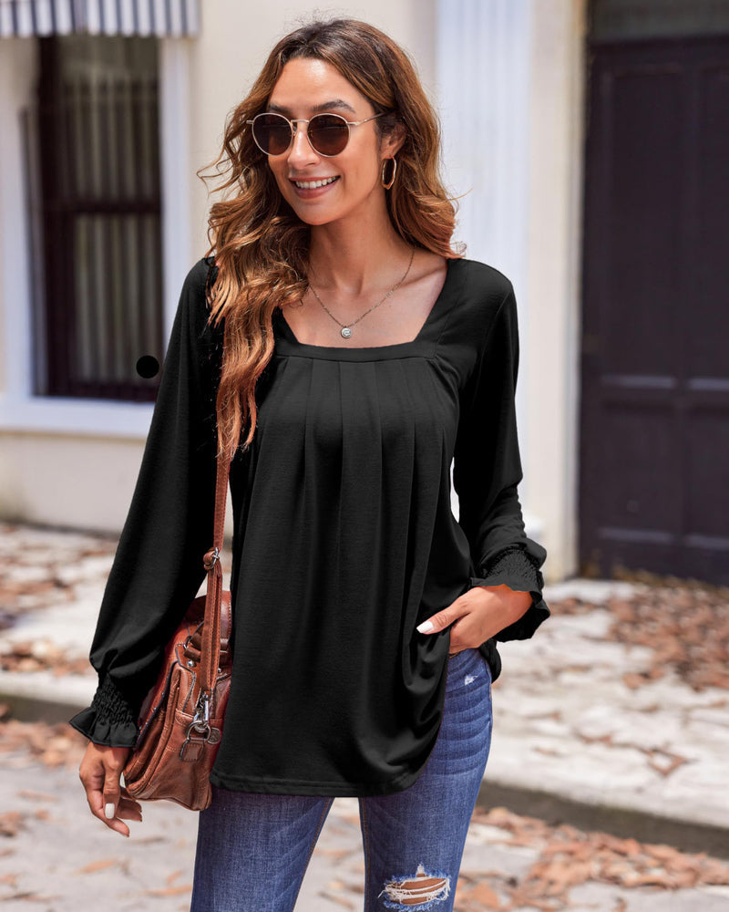 Zeagoo Long Sleeve Shirts for Women Square Neck Pleated Tunic Tops Loose Fit Fashion Blouses S-2XL