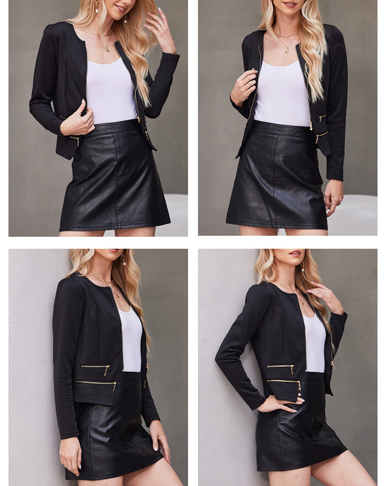 Zeagoo Womens Blazer Cropped Open Front Zipper Dress Jacket O Neck Casual Office Suit Jacket