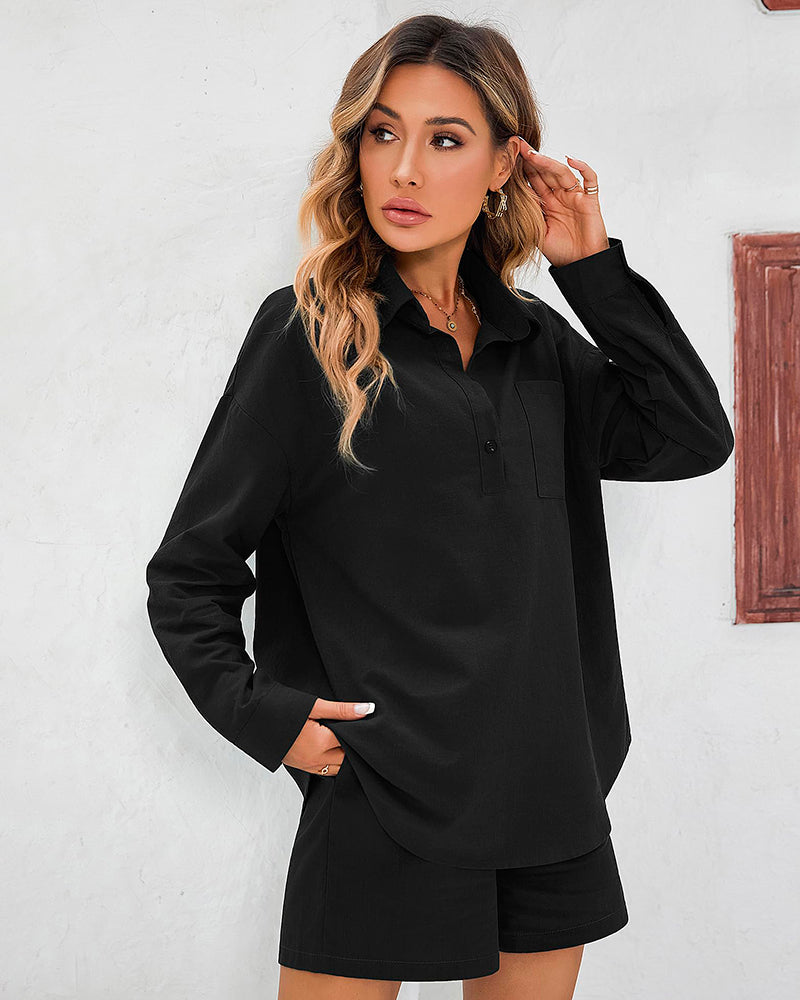 Womens 2 Piece Outfits Lounge Sets Cotton Linen Long Sleeve V-Neck Shirt and Mini Shorts With Pockets - Zeagoo (Us Only)