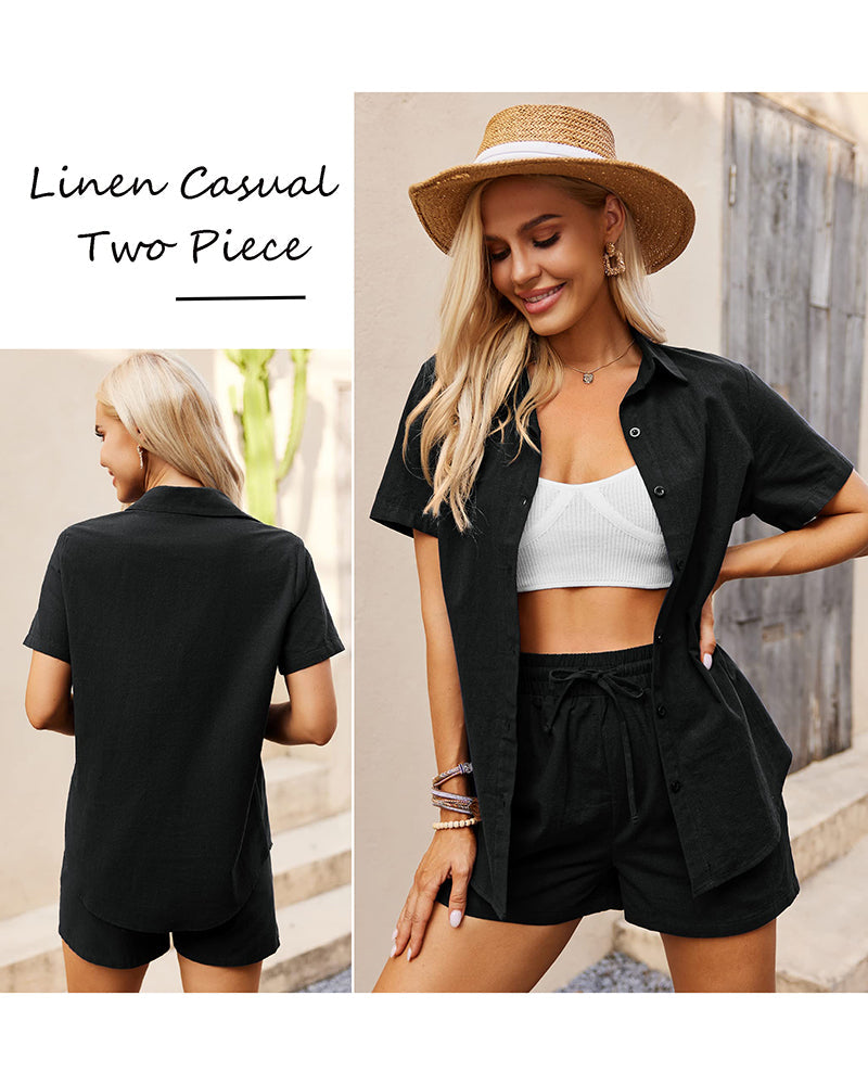 Women 2 Piece Linen Set Outfit Summer Button Down Casual Lounge Beach Set - Zeagoo (Us Only)