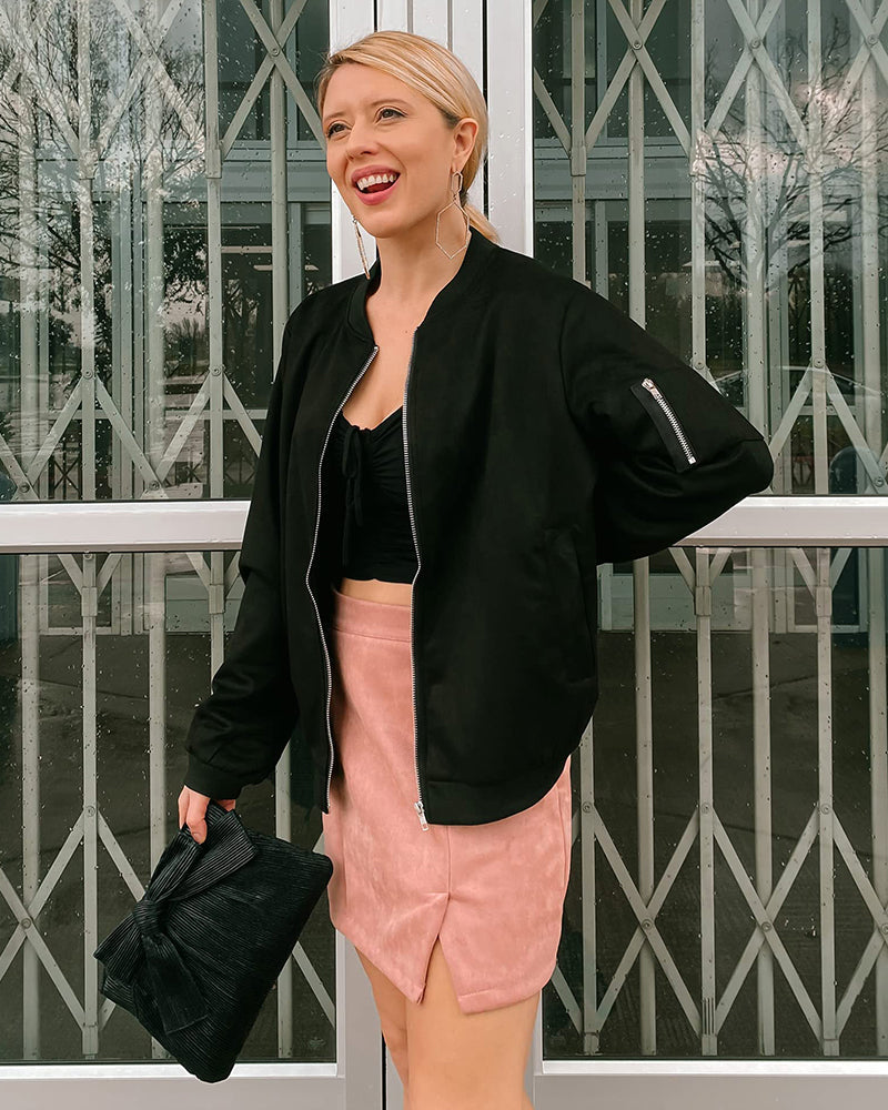 Faux Bomber Zip Up Lightweight Jacket Coat with Pockets - Zeagoo (Us Only)
