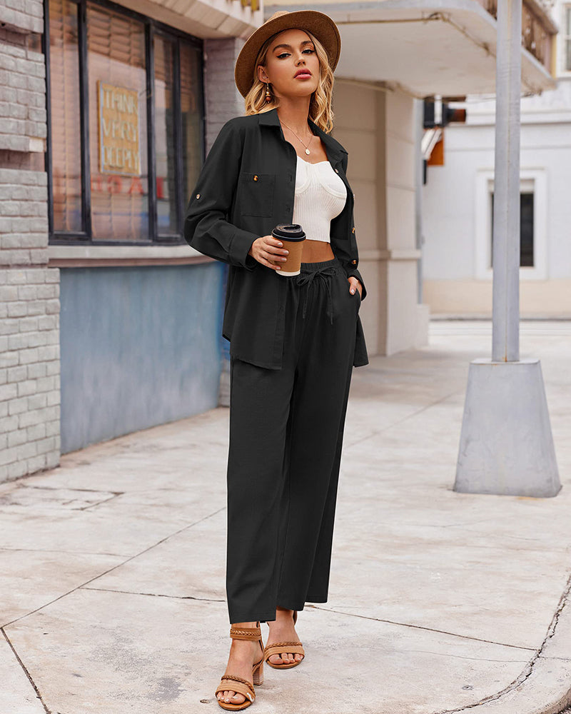 Zeagoo Women 2 Piece Linen Sets Button Down Shirt and Drawstring Long Pants Set Summer Outfits (US Only)