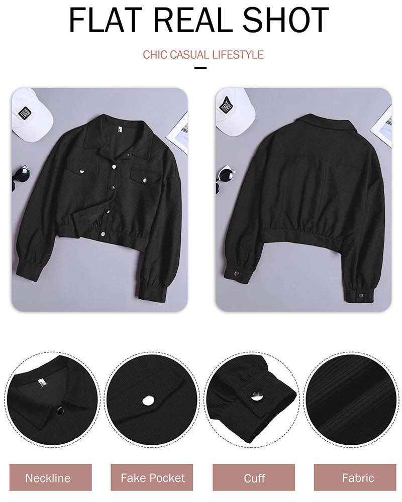 Women's Fashion Cropped Shacket Long SLeeve Trendy Button Down Corduroy Shirts Shacket Jackets - Zeagoo (Us Only)