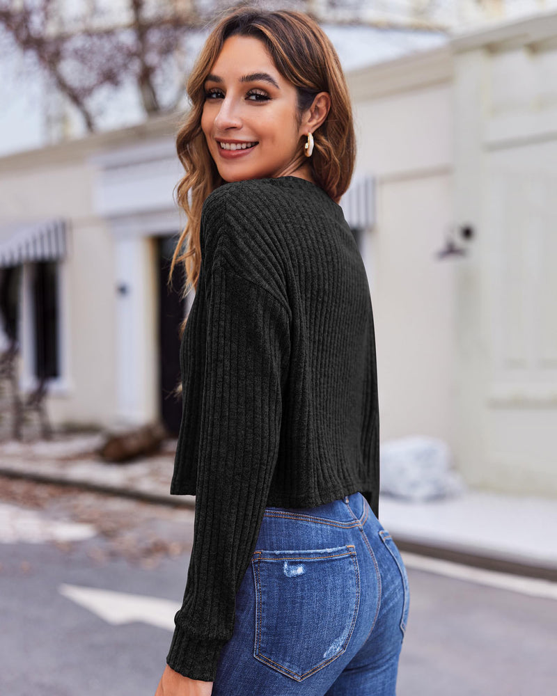 Zeagoo Long Sleeve Crop Tops for Women Trendy Loose Ribbed Knit Cropped T-Shirts Round Neck Casual Pullover Sweater