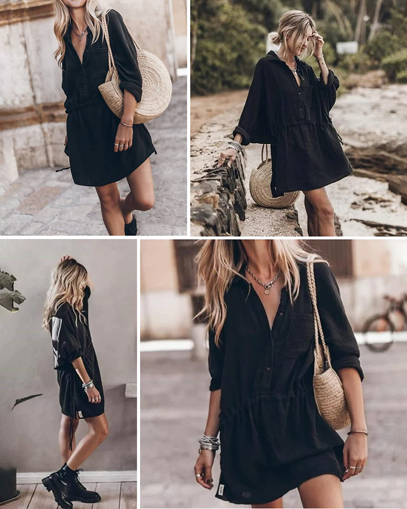 Women's Long Sleeve Button Down Linen Tunic Dress Shirts Boho Beach Coverup Dresses with Belt - Zeagoo (Us Only)