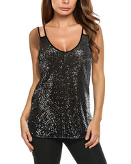 Women's Sleeveless Sequin Top Sparkle Shimmer Camisole Vest Tank Tops - Zeagoo (Us Only)