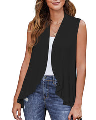 Women's Sleeveless Draped Open Front Cardigan Ruffles Hem Vest - Zeagoo (Us Only)