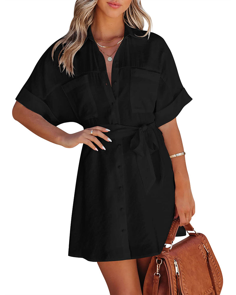 Women's Shirt Dress Button Down V Neck Blouse Short Roll-up Sleeve Tunic Tops with Pockets - Zeagoo (Us Only)