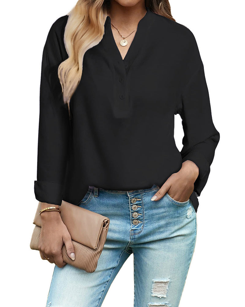 Womens Blouses Dressy Casual Long Sleeve Henley V-Neck Button Up Drop Shoulder Blouse Shirt Tops Relaxed Fit S-XXL - Zeagoo (Us Only)