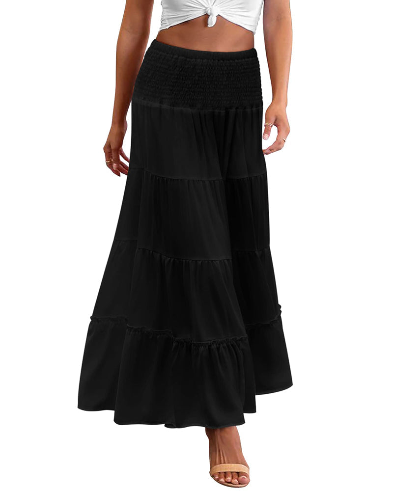 Women's Long Maxi Skirts Tiered High Waist Boho Elastic Layered A-Line Casual Midi Dress - Zeagoo (Us Only)