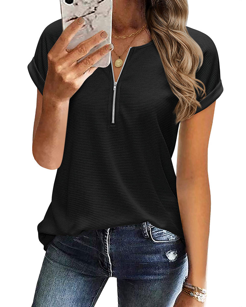 Women's Casual Rolled Short Sleeve Tops Half Zip Shirts Loose Waffle Knit T Shirts Blouse - Zeagoo (Us Only)