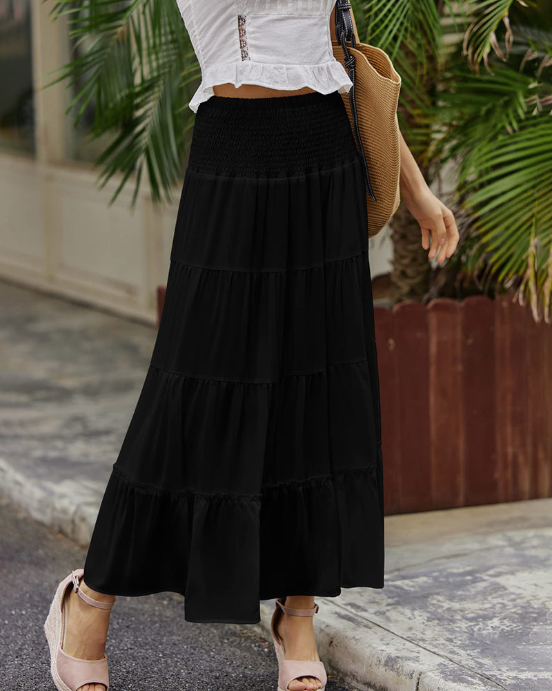 Women's Long Maxi Skirts Tiered High Waist Boho Elastic Layered A-Line Casual Midi Dress - Zeagoo (Us Only)