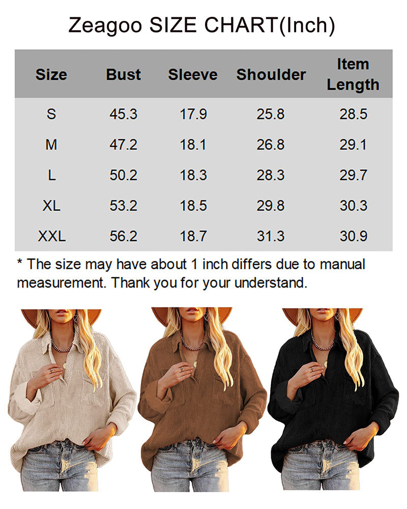 Corduroy Tops for Women Lapel V Neck Shirts Long Sleeve Blouses Casual Sweatsuit with Pockets - Zeagoo (Us Only)