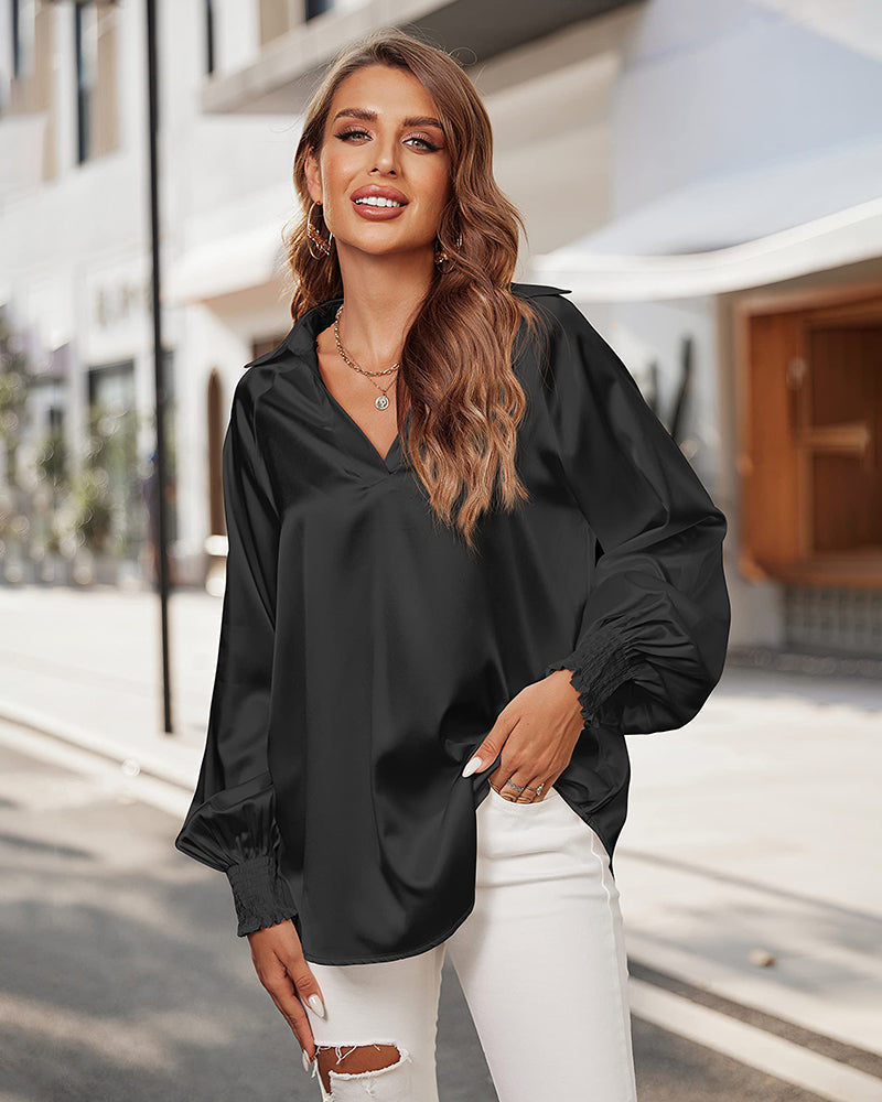 Women's Silk Shirts V Neck Shirred Lantern Sleeve Casual Work Blouse Tunic Tops - Zeagoo (Us Only)