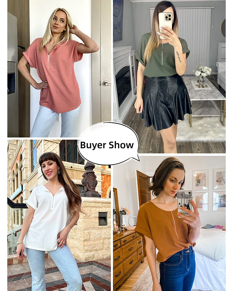Women's Casual Rolled Short Sleeve Tops Half Zip Shirts Loose Waffle Knit T Shirts Blouse - Zeagoo (Us Only)