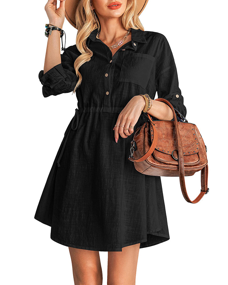 Women's Long Sleeve Button Down Linen Tunic Dress Shirts Boho Beach Coverup Dresses with Belt - Zeagoo (Us Only)