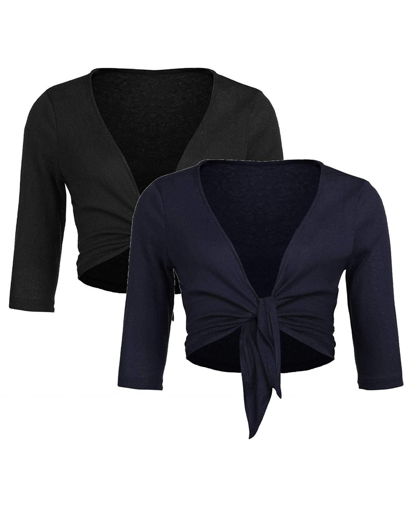 Women's Cropped Cardigan 3/4 Sleeve Sweater Shrugs Tie Front Bolero Jacket 2 Pack S-XXL - Zeagoo (Us Only)