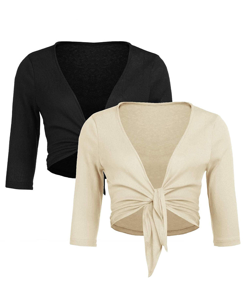 Women's Cropped Cardigan 3/4 Sleeve Sweater Shrugs Tie Front Bolero Jacket 2 Pack S-XXL - Zeagoo (Us Only)